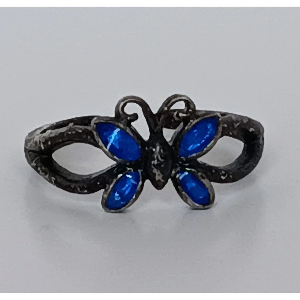 Vintage Nevada Silver Mine 925 Sterling Silver Blue Butterfly Ring Sz 4.5 Adjust